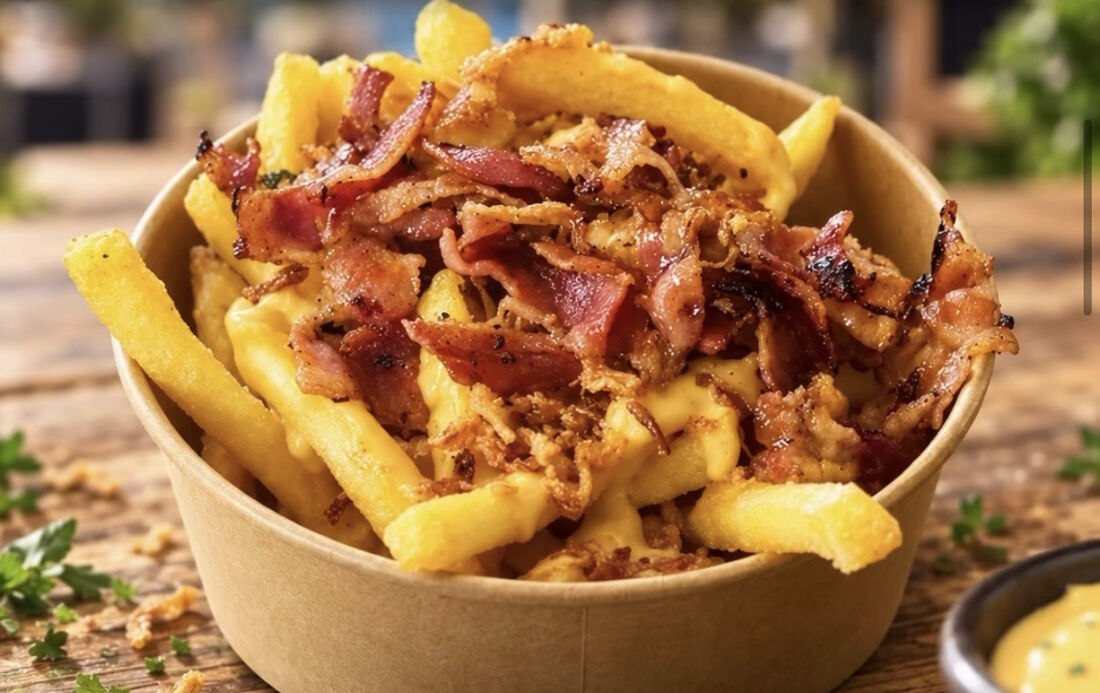 Loaded Pommes mit Käsesoße und Bacon